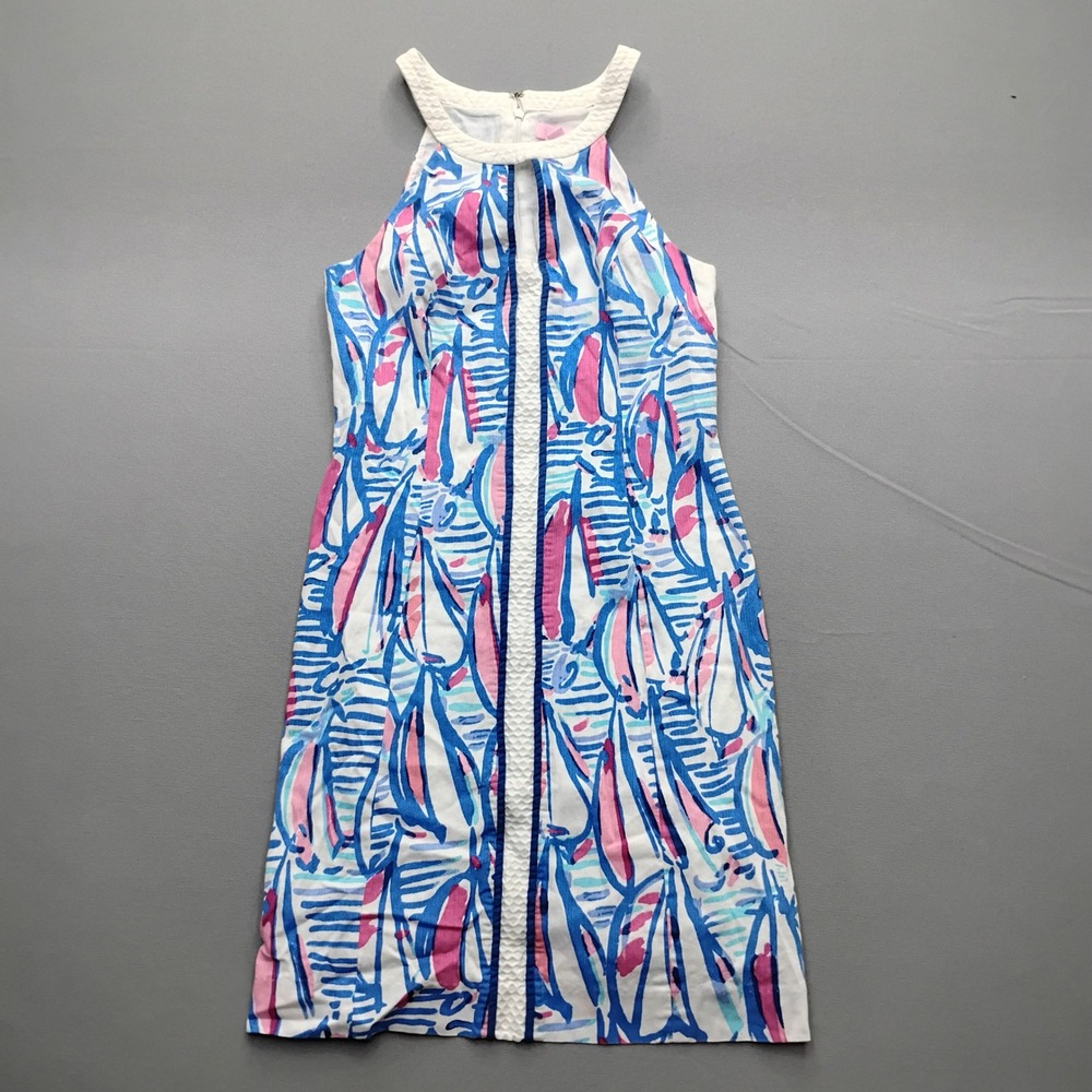 Lilly Pulitzer Womens 0 Sailboat Print Halter Neck Sheath Dress Blue Pink White